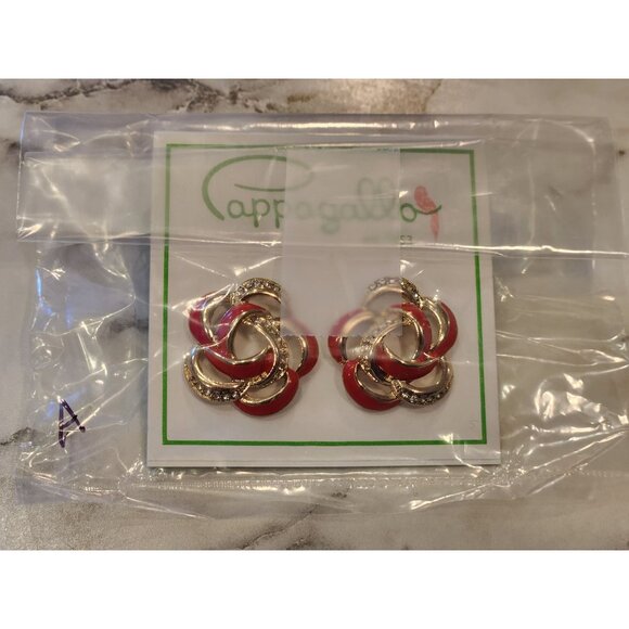 Pappagallo Red & Gold Intertwined Flower Stud Earrings With Crystals - Picture 2 of 5